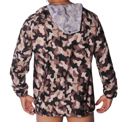 Gigo Trend hooded jacket in a tan, brown, and black camouflage print with a smooth, lightweight performance fabric.