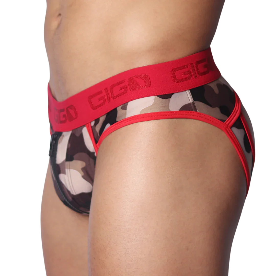 Red camo-print jockstrap with a wide, red elastic branded waistband and red piping trim.