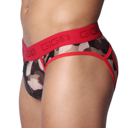 Red camo-print jockstrap with a wide, red elastic branded waistband and red piping trim.