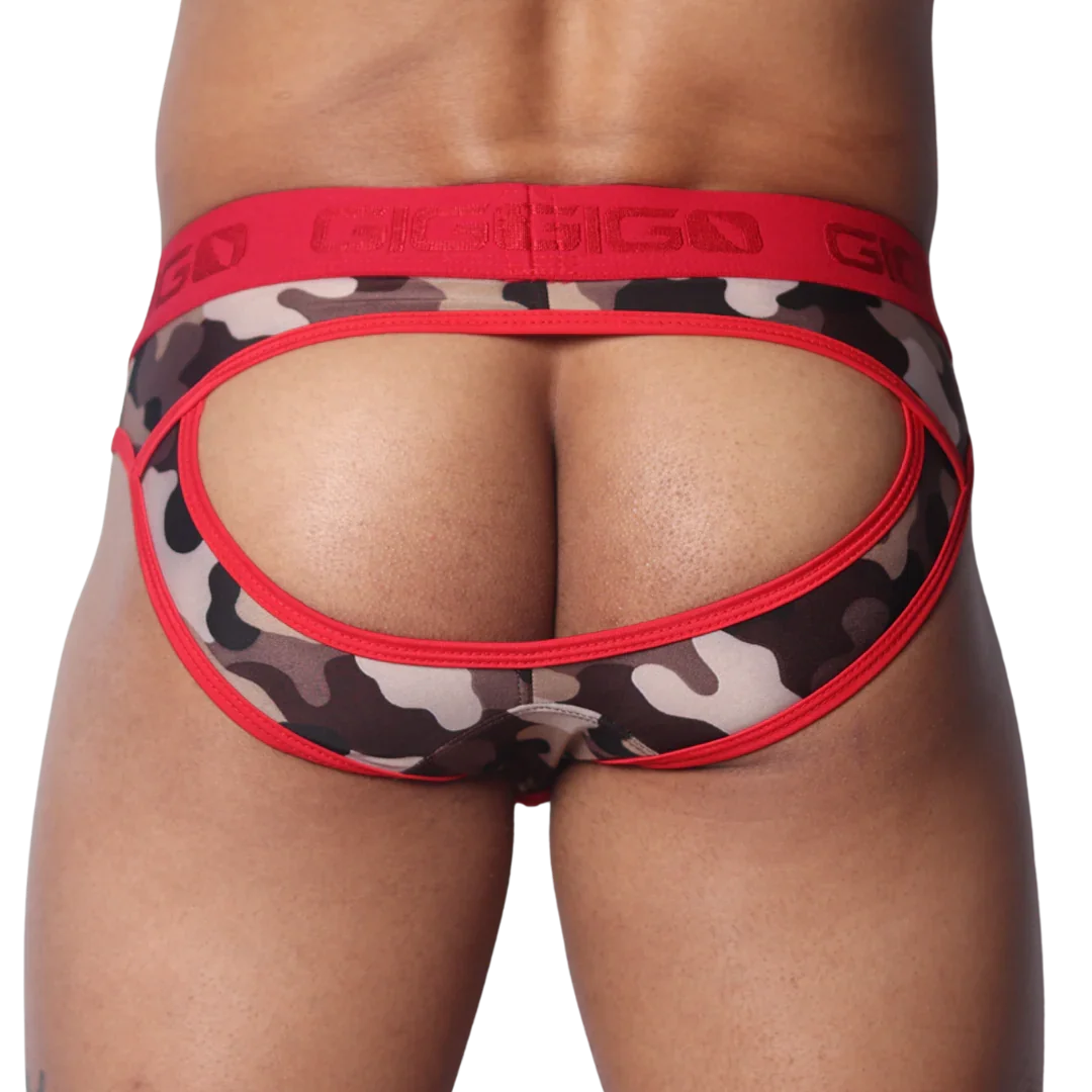 Red camouflage open-back jockstrap with a wide red waistband featuring embossed Gigo logos and red trim piping.