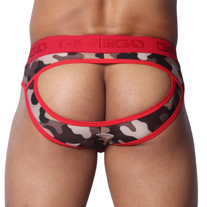 Red camouflage open-back jockstrap with a wide red waistband featuring embossed Gigo logos and red trim piping.