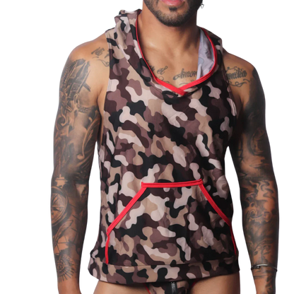 Brown camouflage sleeveless hooded T-shirt featuring a kangaroo pocket with vibrant red trim.
