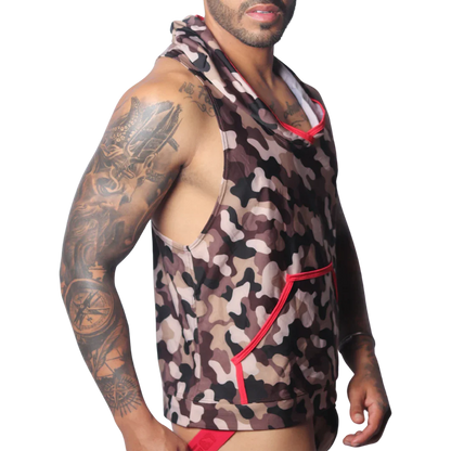 Sleeveless camo print hoodie with red trim and a front pocket, worn by a man with arm tattoos.