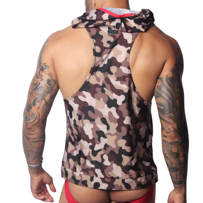 Brown camouflage sleeveless hooded tank top with a red inner collar trim and Y-back design.