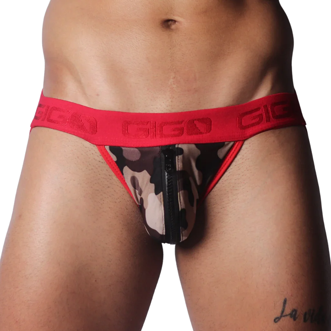 Camouflage jockstrap with a front zipper, featuring a red elastic waistband with embossed GIGO logo branding.