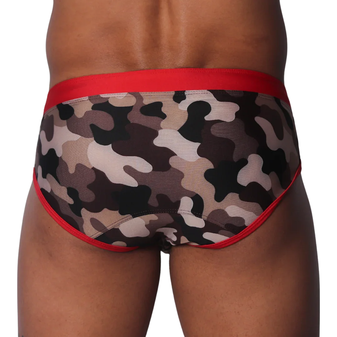 Gigo Trend swim brief in camo print with red trim at the waistband and leg openings.