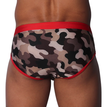 Gigo Trend swim brief in camo print with red trim at the waistband and leg openings.