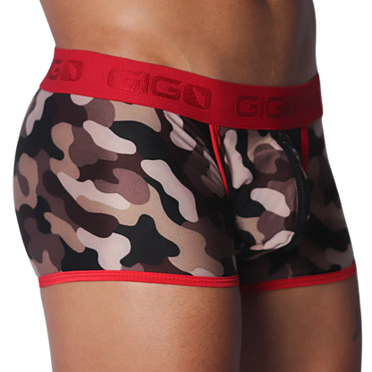 Camouflage print trunks with a red Gigo branded waistband, red trim, and a black zippered front pouch.