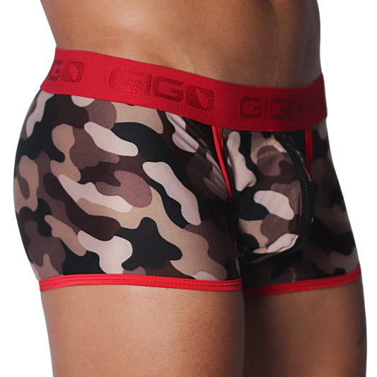 Camouflage print trunks with a red Gigo branded waistband, red trim, and a black zippered front pouch.
