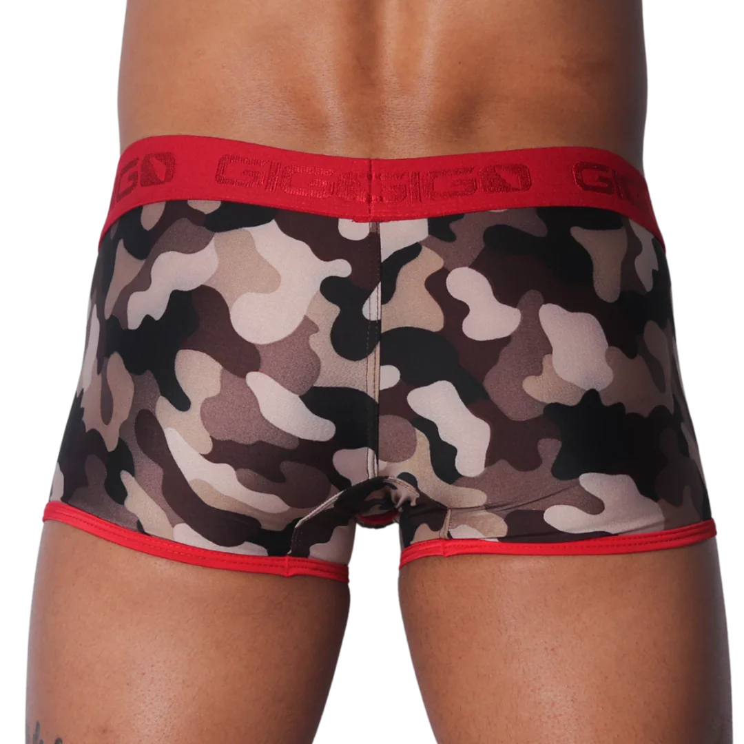 Men's camo-print trunk underwear with a red elastic waistband and red leg trim.