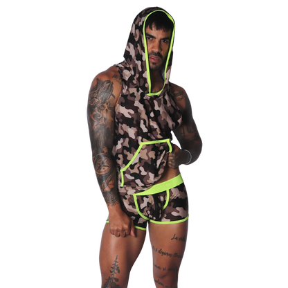 Sleeveless camo-print hooded shirt with neon yellow trim, paired with matching camo boxer briefs.