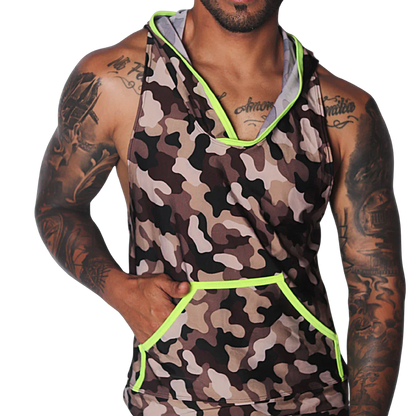 Sleeveless brown camouflage hoodie tank top with bright neon yellow trim and a front kangaroo pocket.