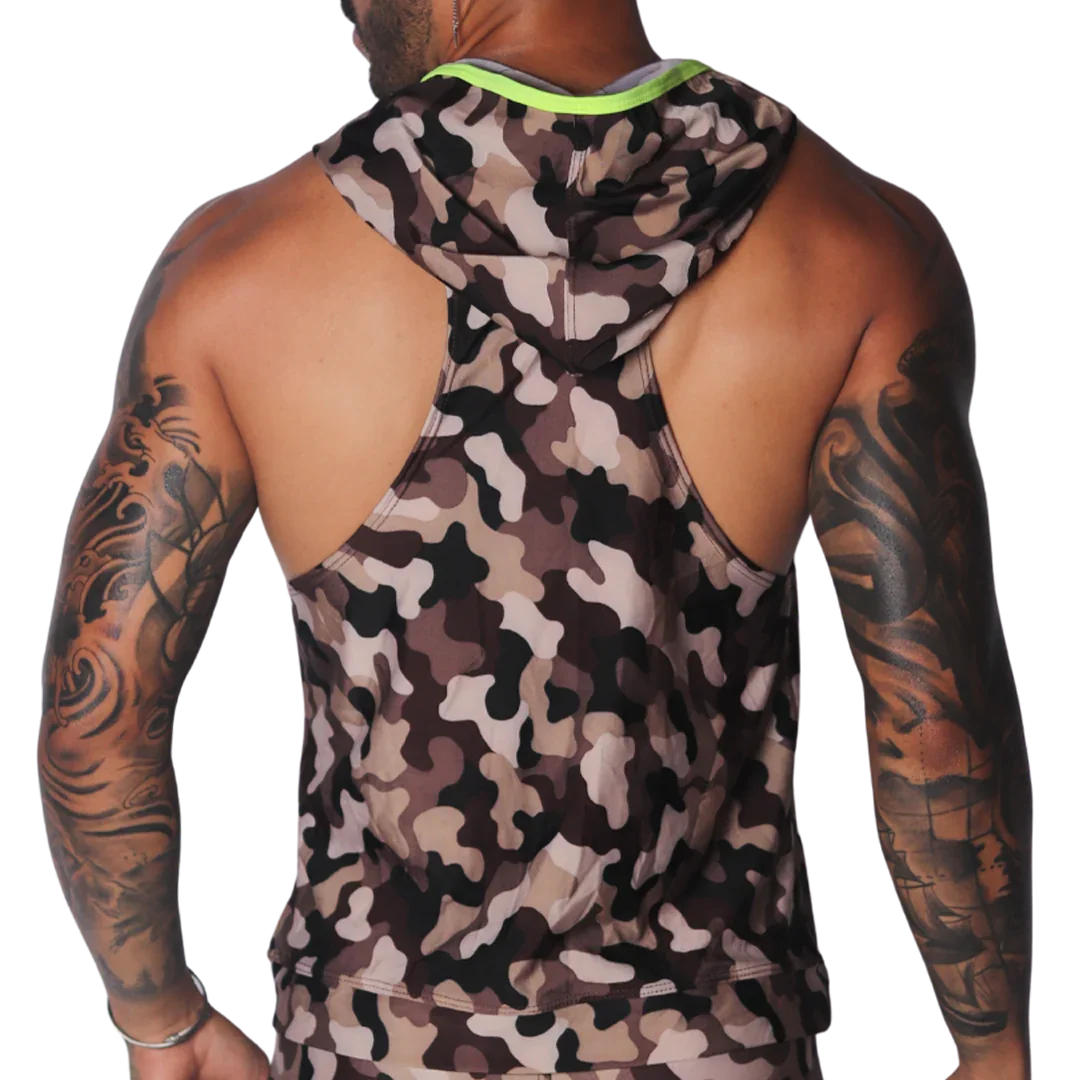Sleeveless camouflage print hooded gym tank top with neon yellow trim detailing.
