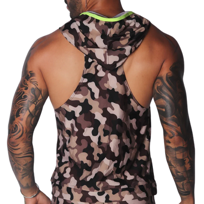 Sleeveless camouflage print hooded gym tank top with neon yellow trim detailing.