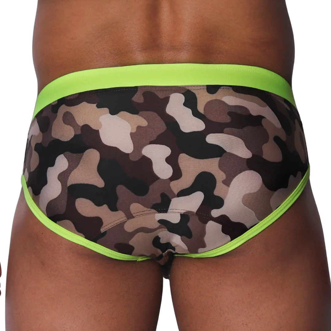 Gigo swim brief with a brown camouflage pattern and bright neon yellow trim against a black background.