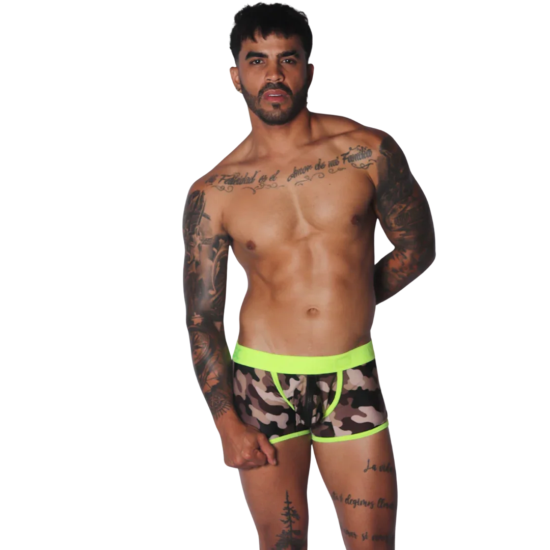 Camouflage print trunk with a neon yellow waistband and trim, featuring a front-center zipper detail.