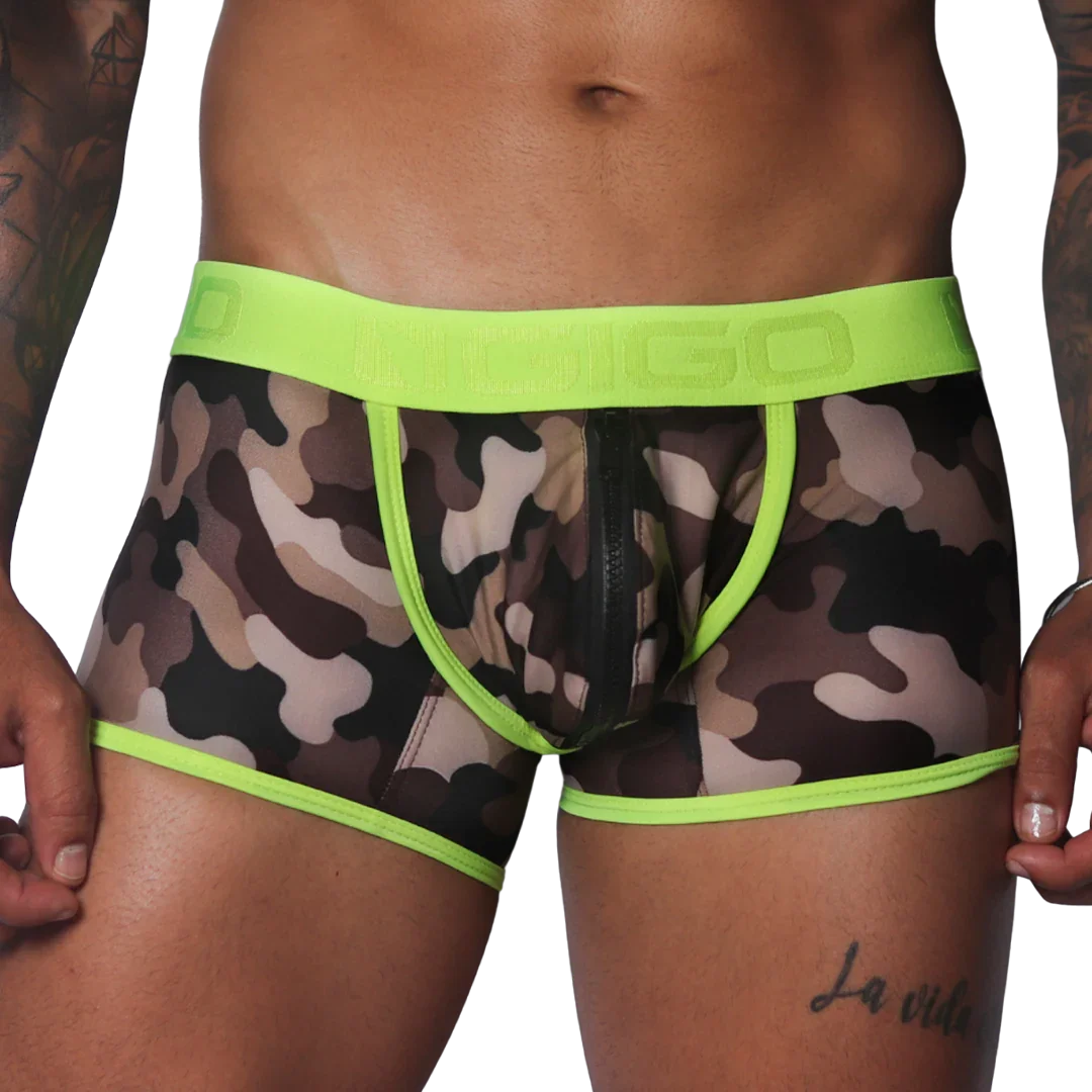 Camo print mesh trunk with neon yellow trim, branded elastic waistband, and a center-front zipper closure.