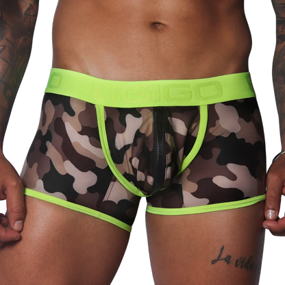 Camo print mesh trunk with neon yellow trim, branded elastic waistband, and a center-front zipper closure.