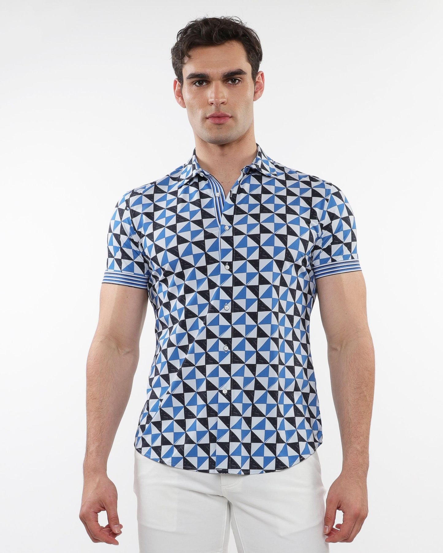Blue and black geometric patterned short sleeve performance shirt with striped cuffs for summer wear