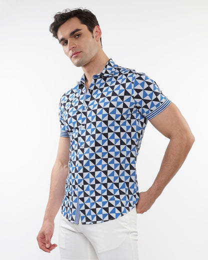 Blue and black geometric patterned short-sleeved performance shirt with button-up front and striped cuffs