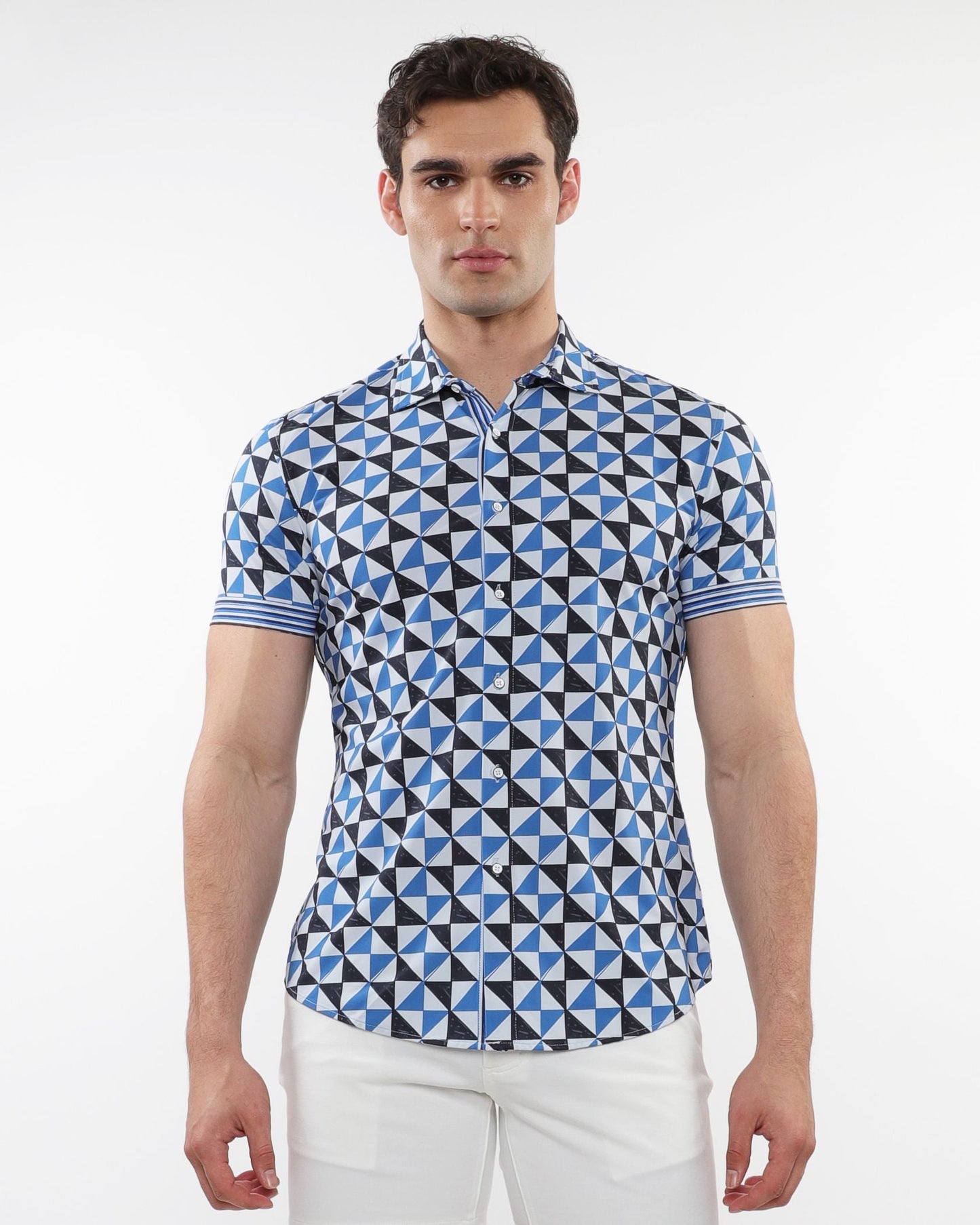 Blue and black geometric patterned short-sleeve performance shirt with button-down front and striped cuffs
