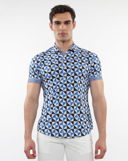 Blue and black geometric patterned short-sleeve performance shirt with button-down front and striped cuffs