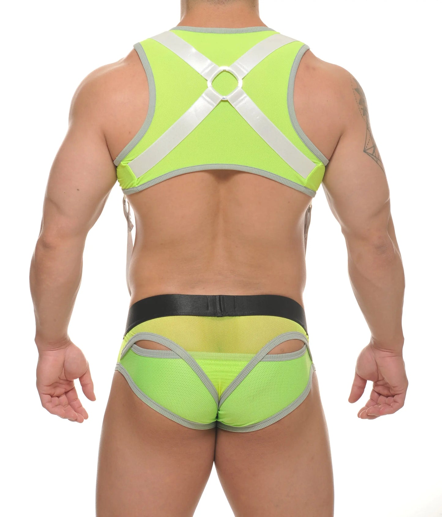 Neon green mesh tribe chest harness underwear set with silver reflective straps and gray trim front view