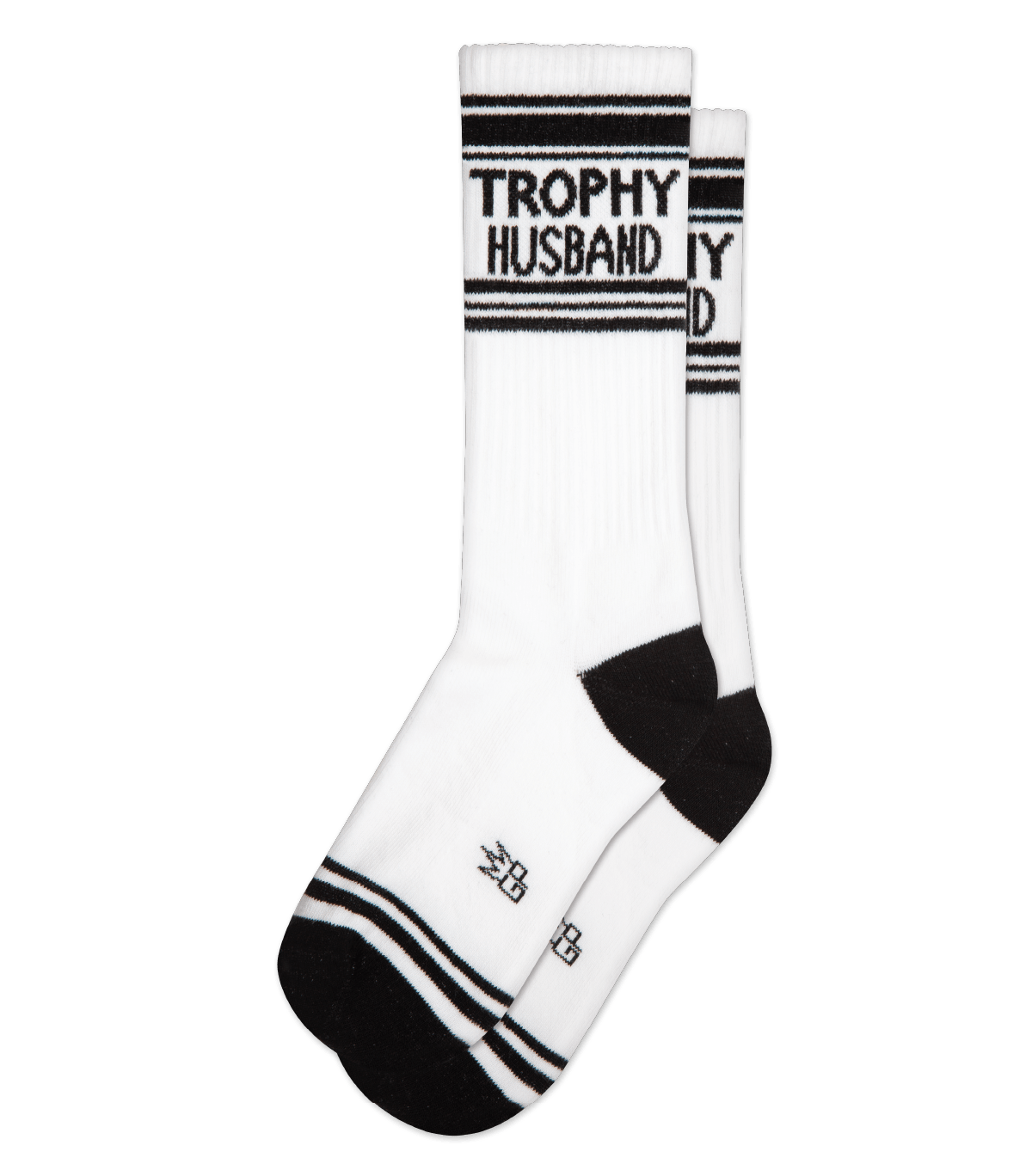 White athletic crew socks with black stripes and trophy husband text on cuff featuring small toe logo