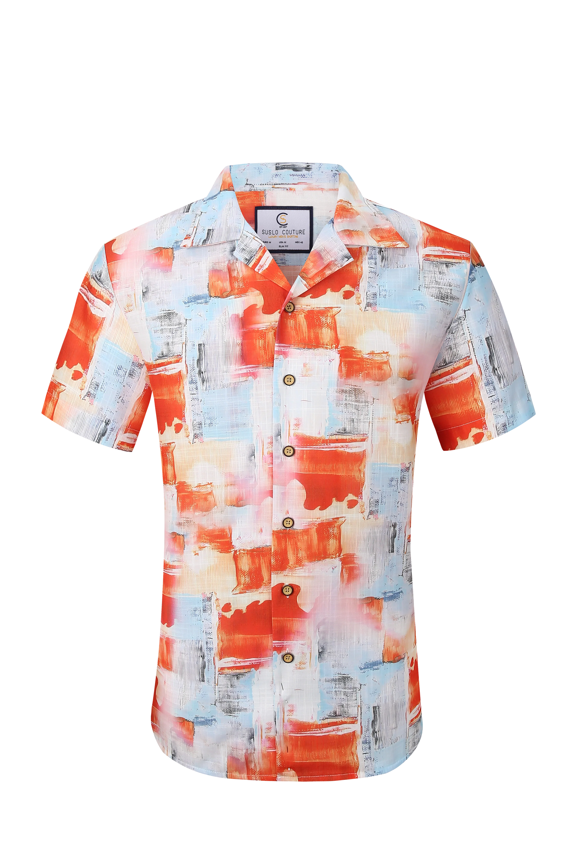 Tropics collection short-sleeved button-up shirt with vibrant orange and light blue abstract brushstroke pattern