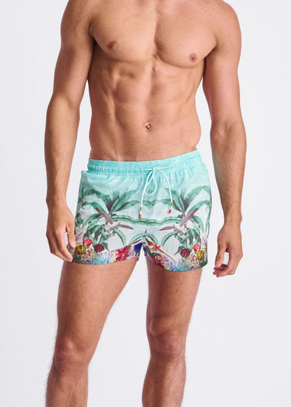 Light blue tropics print swim shorts with vibrant palm trees birds flowers and mesh lining for comfort