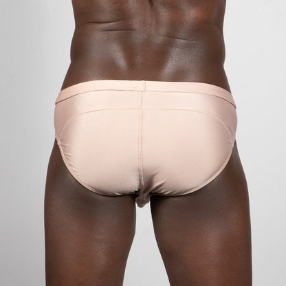 Beige satin tulio bikini brief with smooth sleek design and subtle stitching details