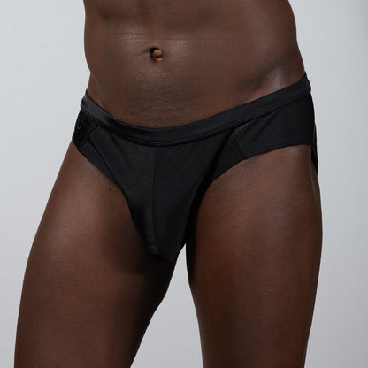 Black satin tulio bikini brief with sleek form-fitting design perfect for comfortable everyday wear