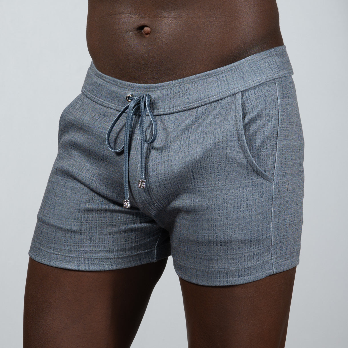 Gray tulio linen texture shorts with drawstring waistband and side pockets in linen textured fabric