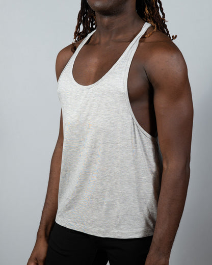 A heather gray sleeveless tulio racerback tank top showing the back with a breathable racerback design