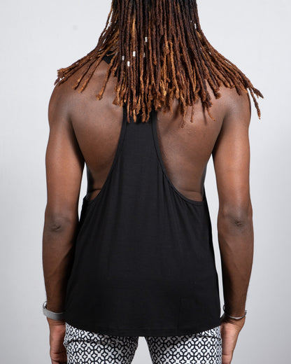 Black tulio racerback tank top showing the cutout back design in a lightweight breathable fabric