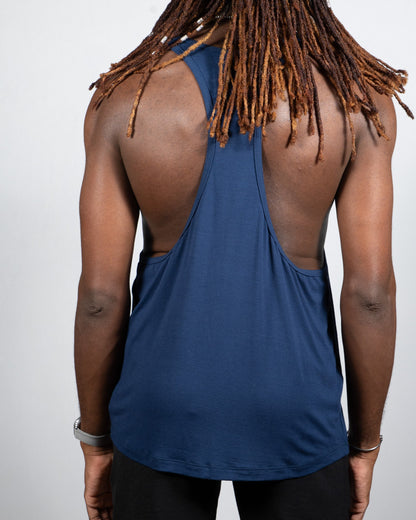 Navy blue tulio racerback tank top with cutout back design made of breathable fabric for activewear use visible from back side