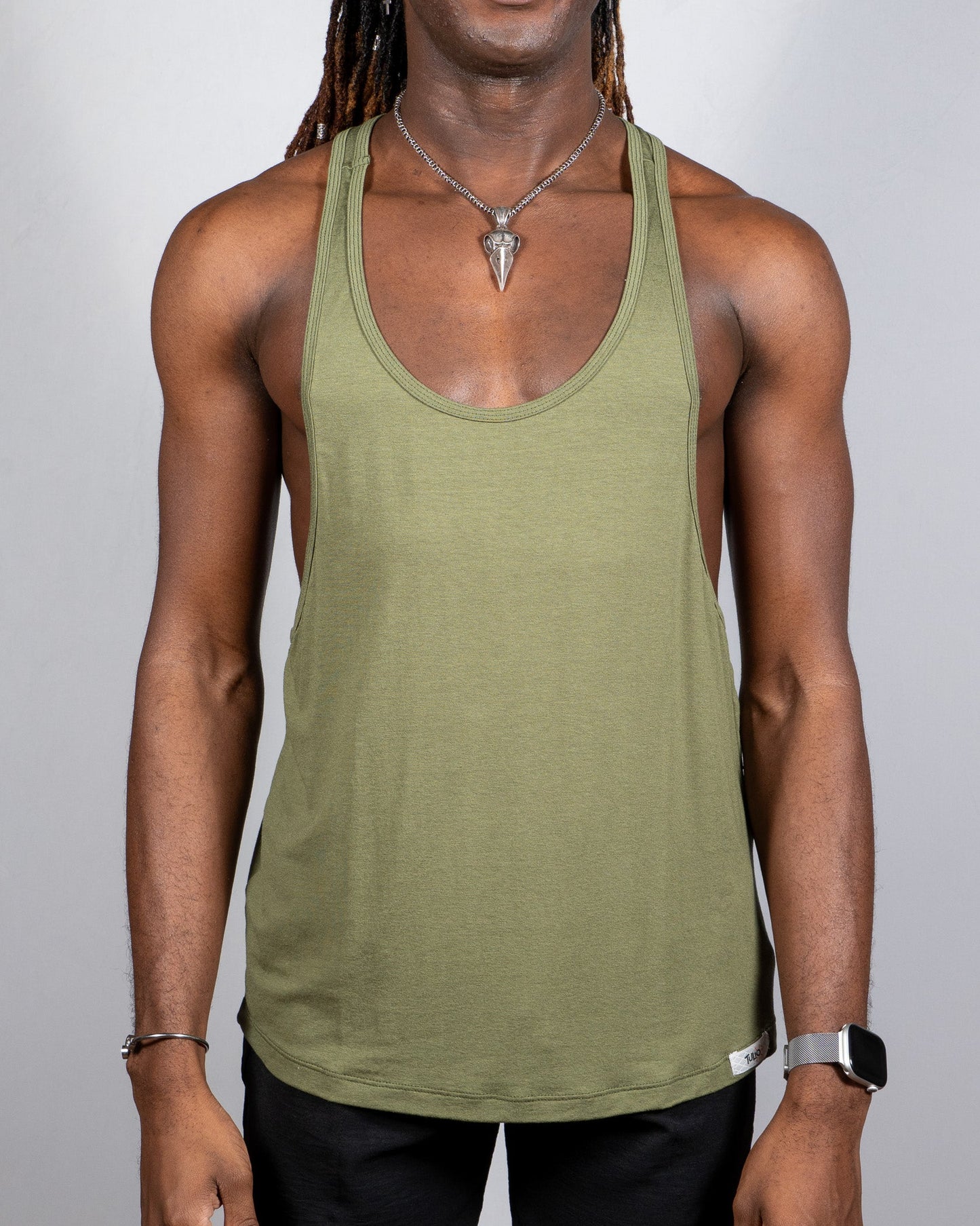 Olive green tulio racerback muscle tank top with scoop neckline and ribbed trim in soft breathable fabric