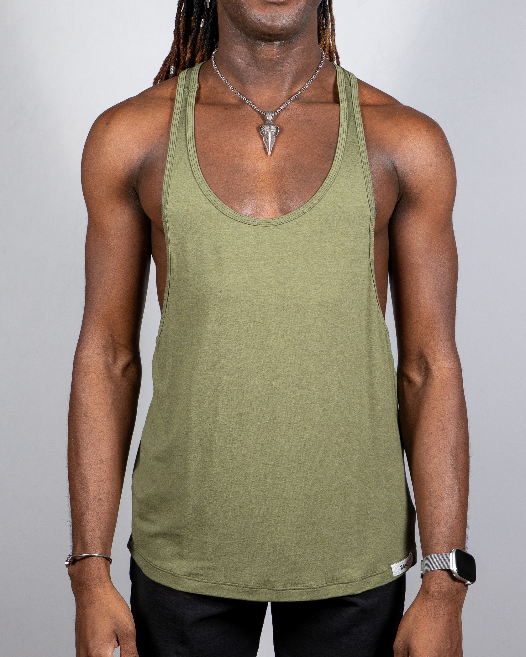 Olive green tulio racerback muscle tank top with scoop neckline and ribbed trim in soft breathable fabric
