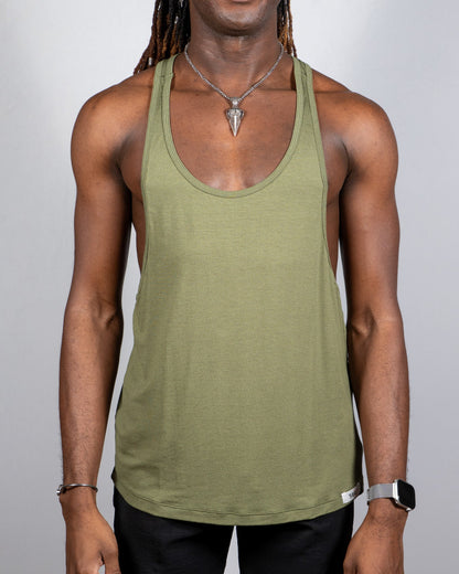 Olive green tulio racerback muscle tank top with scoop neckline and ribbed trim in soft breathable fabric