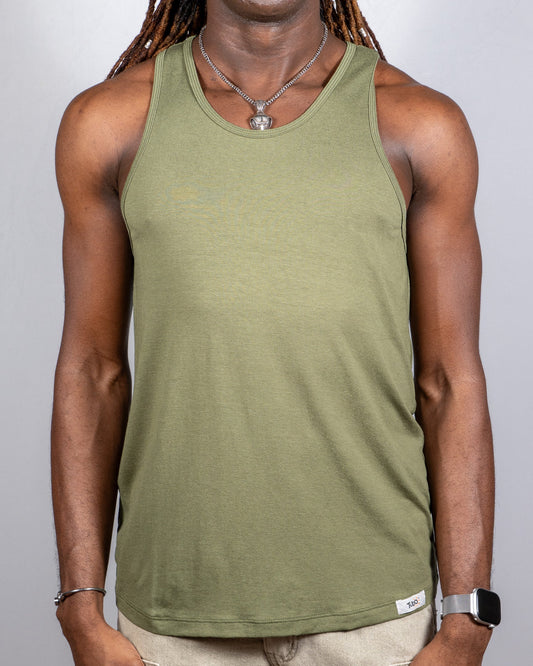 Olive green sleeveless tank top with ribbed neckline and hem and a white tulio brand tag at the bottom right corner