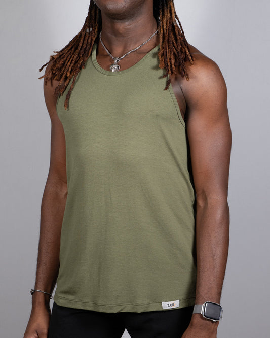 Olive green tulio solid tank sleeveless top with round neckline and white brand tag at bottom hem