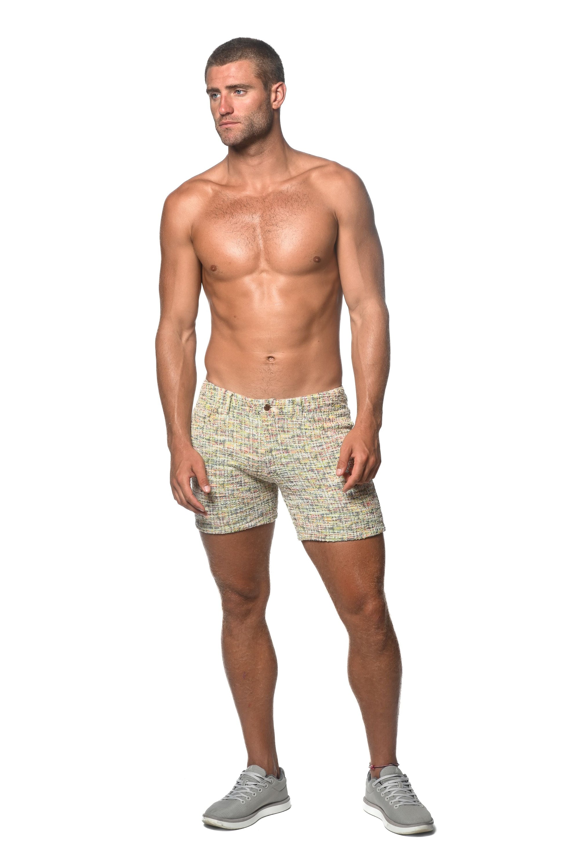 Beige and green tweed-look jacquard stretch knit jeans shorts with a subtle woven texture limited edition