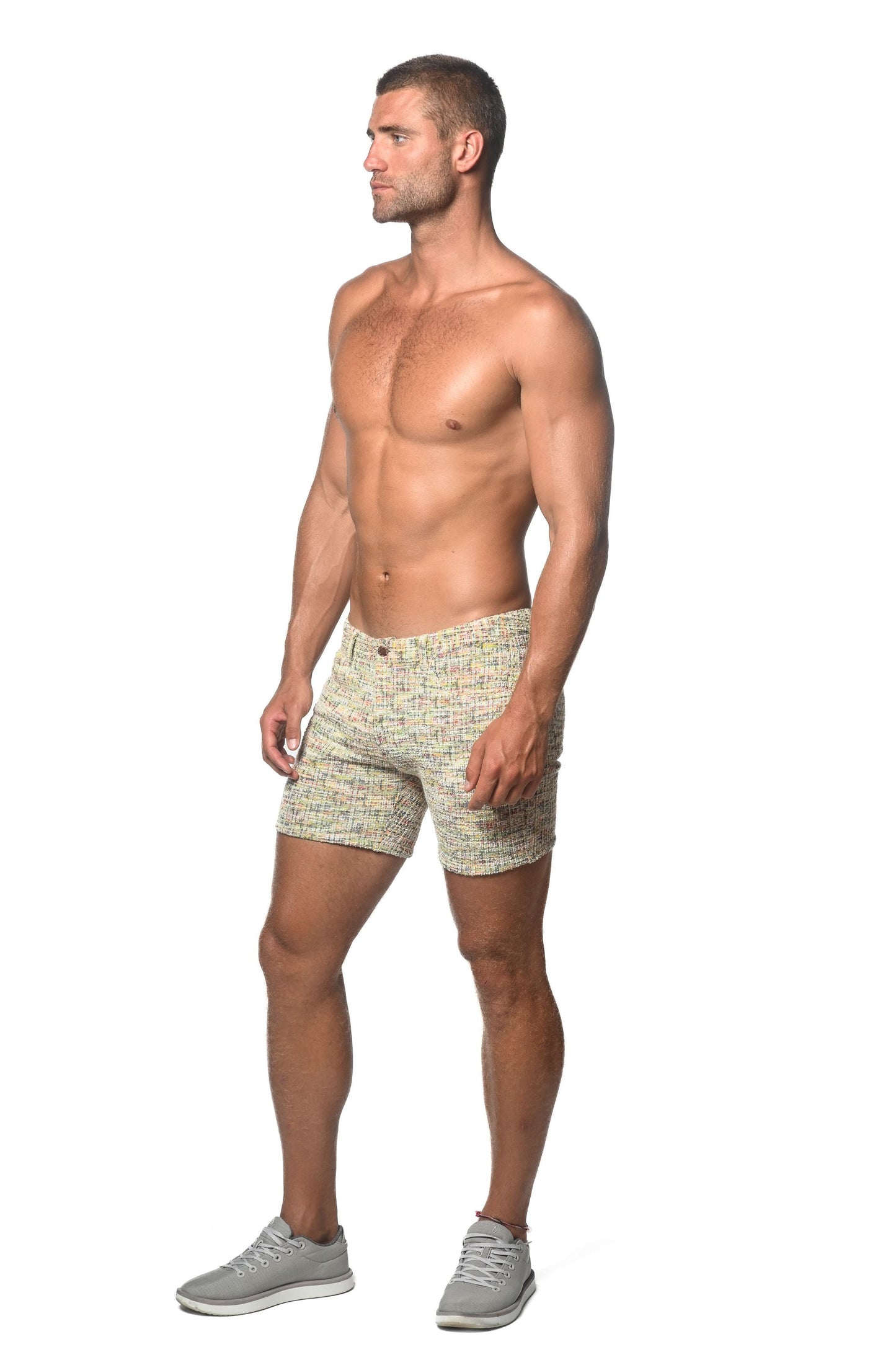 Beige and gray tweed-look jacquard stretch knit jeans shorts with a subtle woven pattern in textured fabric
