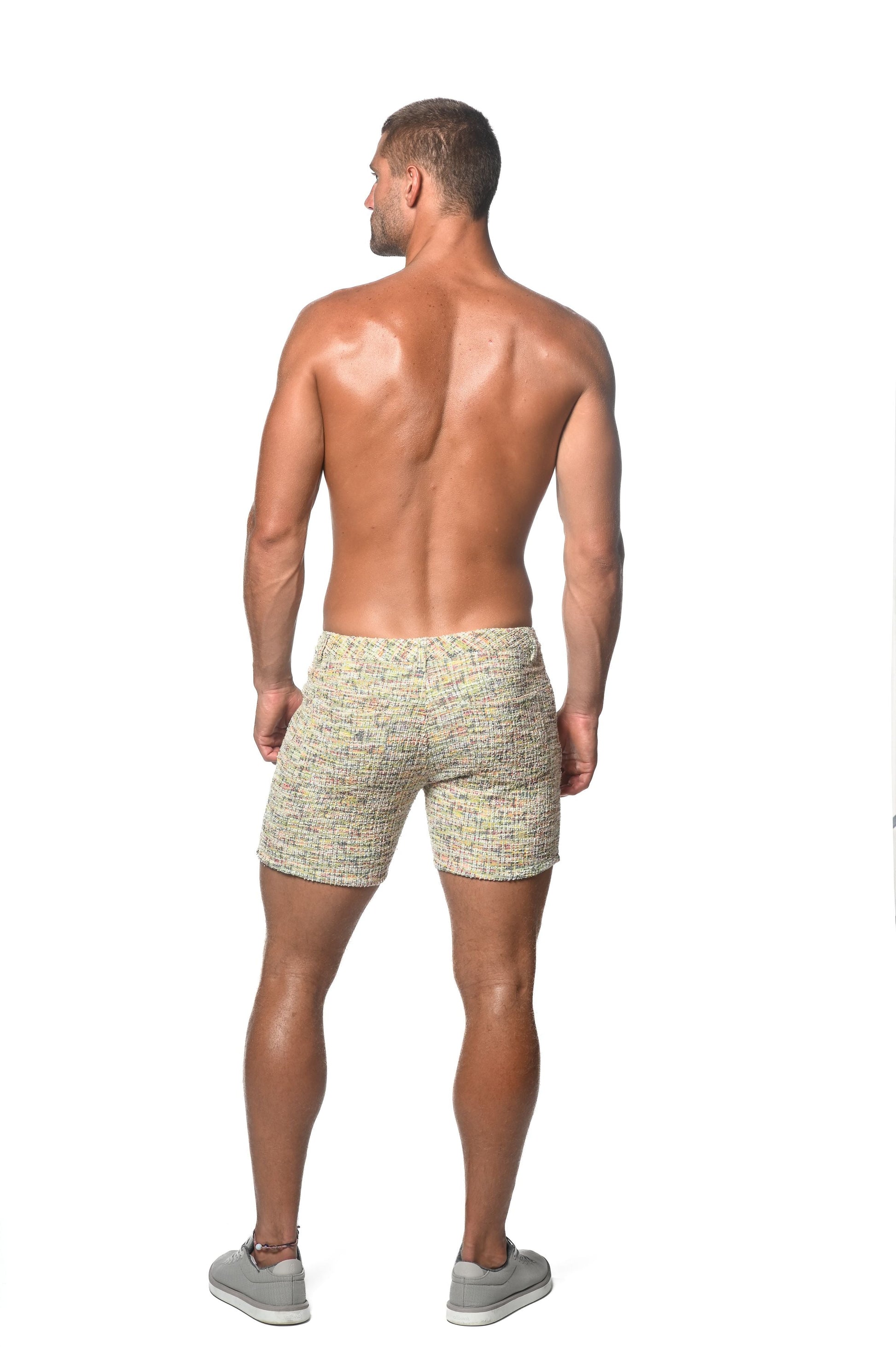 Beige tweed-look jacquard stretch knit jeans shorts with a subtle woven pattern in a limited-edition style