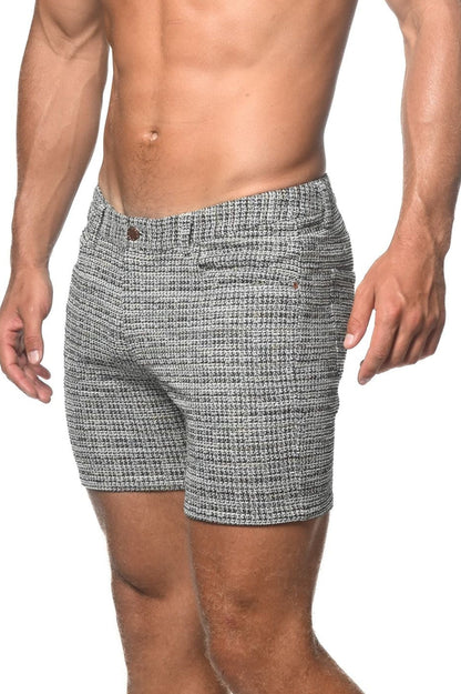 Gray and white herringbone tweed-look jacquard stretch knit shorts with button closure limited-edition