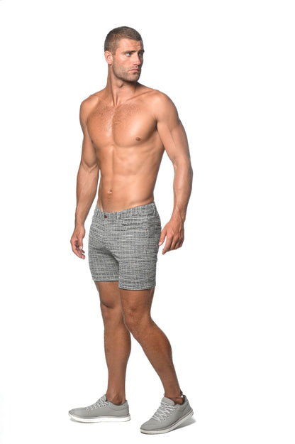 Gray textured tweed-look jacquard stretch knit jeans shorts with subtle herringbone pattern front view