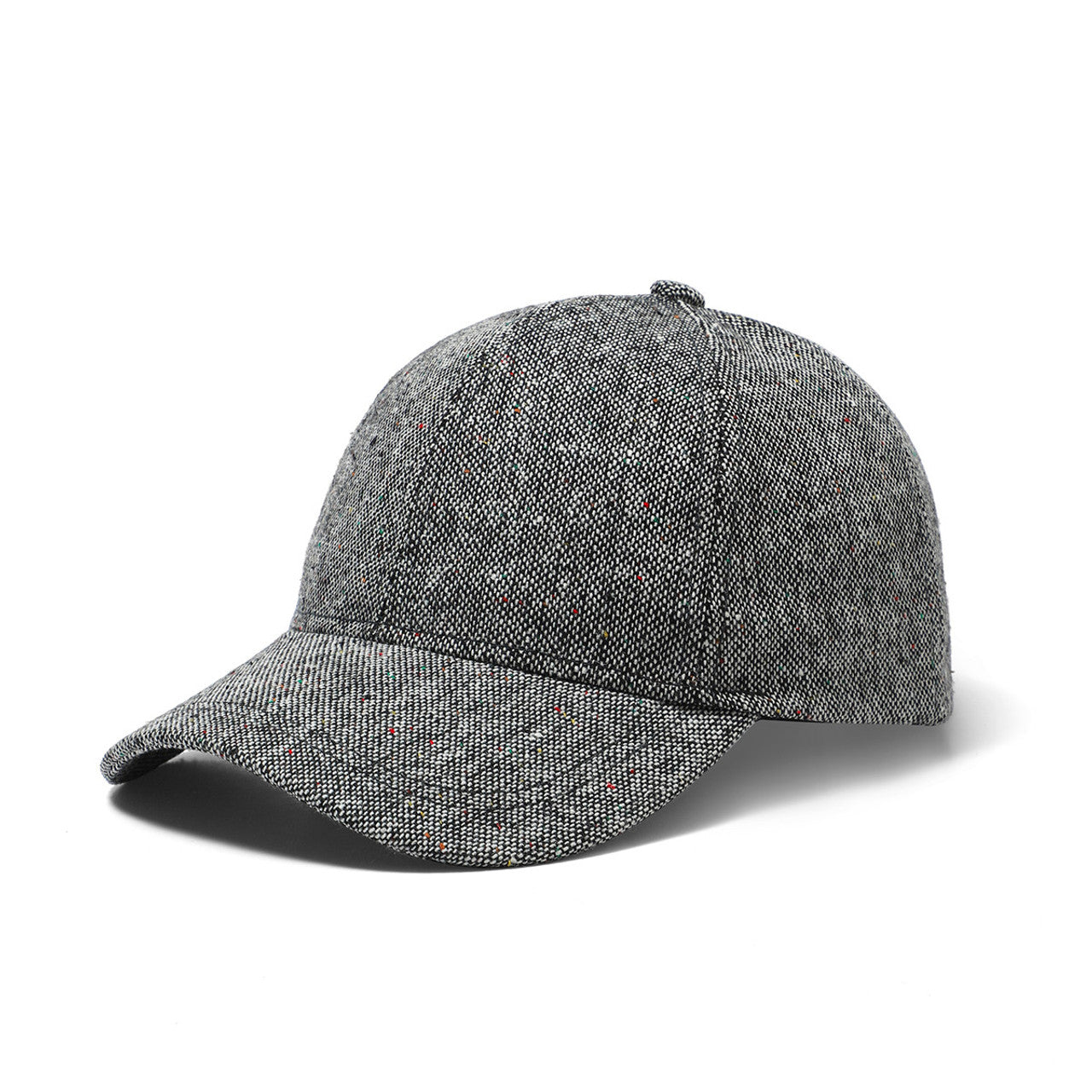Gray tweed speckled baseball cap with structured crown herringbone pattern and curved brim for casual wear