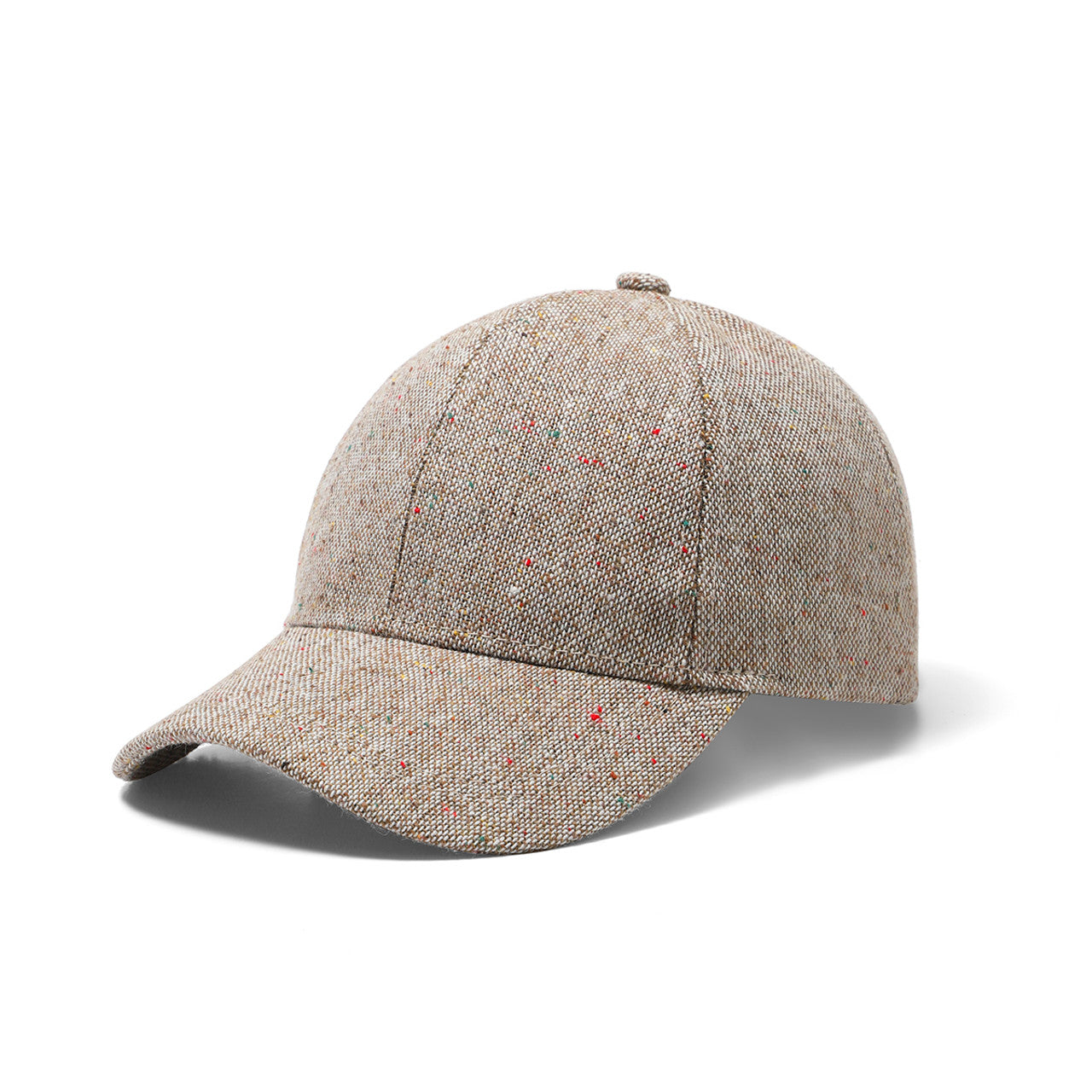 Beige tweed speckled baseball cap with subtle red and green speckles for stylish casual wear