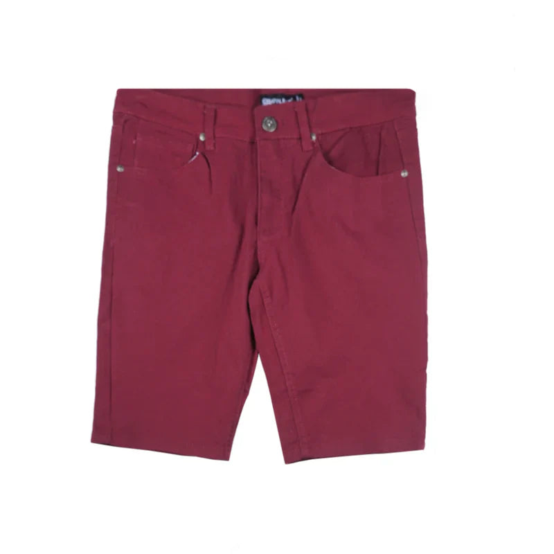 Maroon twill stretch skinny shorts made of durable fabric with silver-toned buttons and classic stitching details