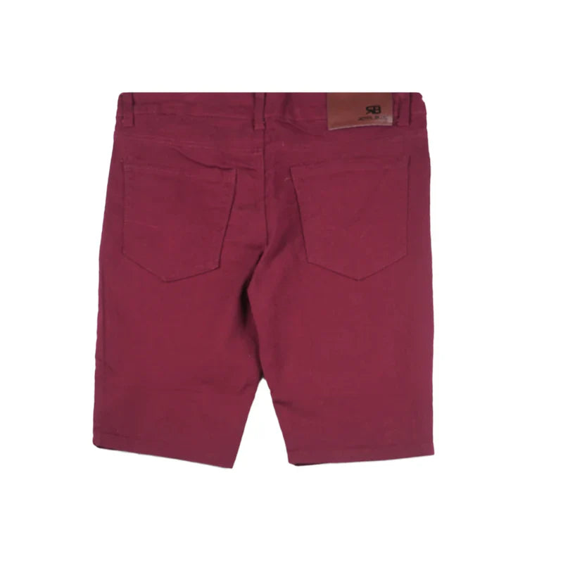 Maroon twill stretch skinny denim shorts with a brown leather brand patch on the waistband back view